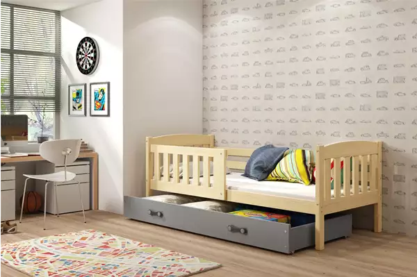 Visualisering av Enkel juniorsäng KUBUŚ 90X200 med låda, furu/grafit Visualisering av Enkel juniorsäng KUBUŚ 90X200 med låda, furu/grafit