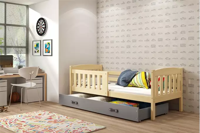 Visualisering av Enkel juniorsäng KUBUŚ 90X200 med låda, furu/grafit