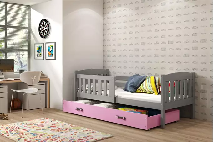 Visualisering av Enkel juniorsäng KUBUŚ 90X200 med låda, grafit/rosa