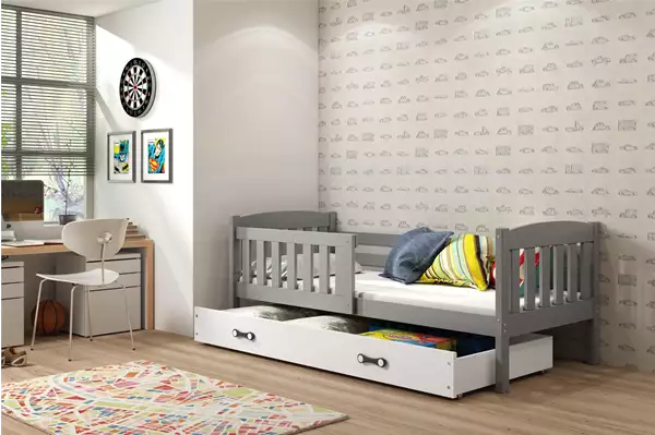 Visualisering av Enkel juniorsäng KUBUŚ 90x200 med låda, grafit/vit