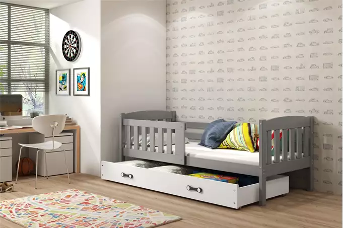 Visualisering av Enkel juniorsäng KUBUŚ 90x200 med låda, grafit/vit