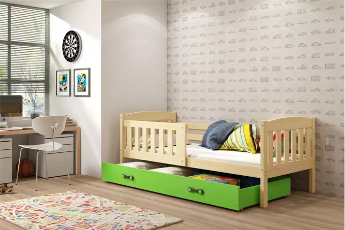 Visualisering av Enkel juniorsäng KUBUŚ 90X200 med låda, tall/grön