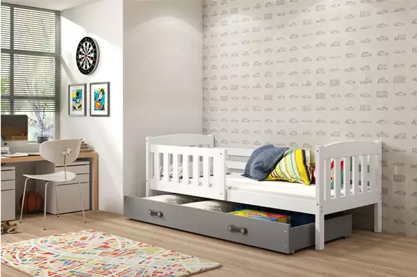 Visualisering av Enkel juniorsäng KUBUŚ 90X200 med låda, vit/grafit