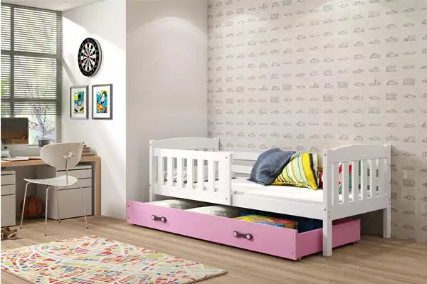 Visualisering av Enkel juniorsäng KUBUŚ 90x200 med låda, vit/rosa