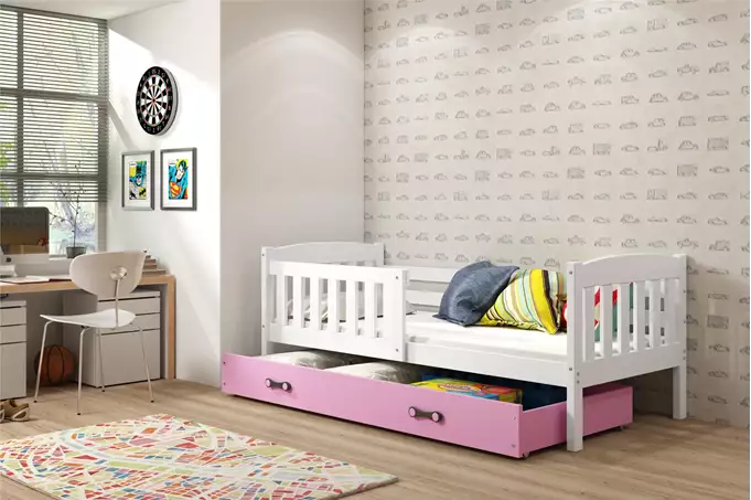 Visualisering av Enkel juniorsäng KUBUŚ 90x200 med låda, vit/rosa
