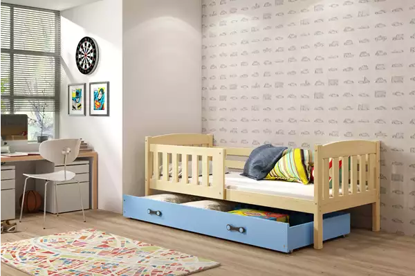 Visualisering av Enkel juniorsäng KUBUŚ 90X200 med madrass och låda, furu/blå Visualisering av Enkel juniorsäng KUBUŚ 90X200 med madrass och låda, furu/blå