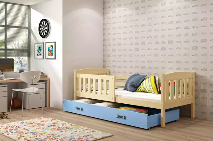 Visualisering av Enkel juniorsäng KUBUŚ 90X200 med madrass och låda, furu/blå