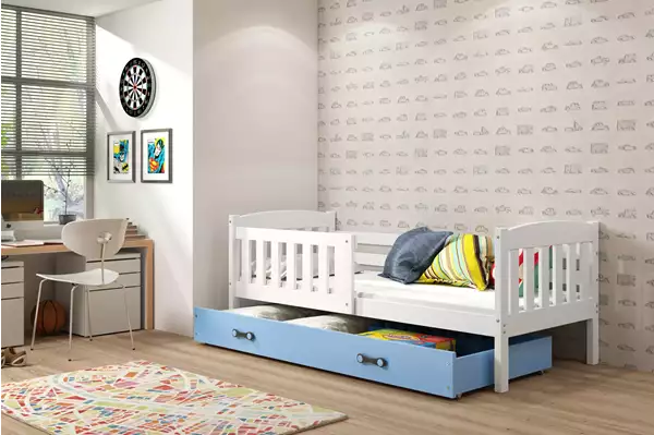 Visualisering av Enkel juniorsäng KUBUŚ 90X200 med madrass och låda, vit/blå Visualisering av Enkel juniorsäng KUBUŚ 90X200 med madrass och låda, vit/blå
