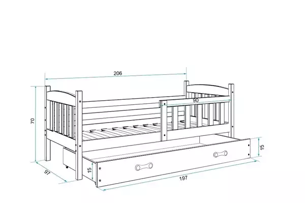 Storlek på Enkel juniorsäng KUBUŚ 90X200 med madrass och låda, vit/grafit Storlek på Enkel juniorsäng KUBUŚ 90X200 med madrass och låda, vit/grafit