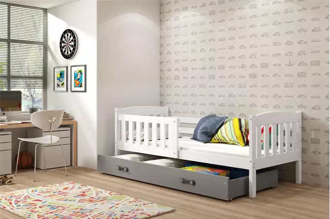 Visualisering av Enkel juniorsäng KUBUŚ 90X200 med madrass och låda, vit/grafit
