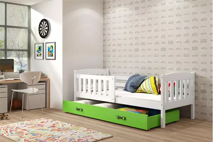 Visualisering av Enkel juniorsäng KUBUŚ 90X200 med madrass och låda, vit/grön