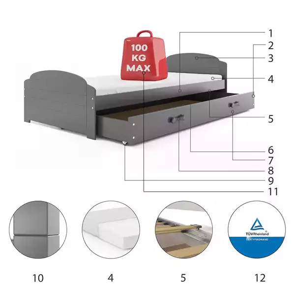Beståndsdelar för Enkel juniorsäng LILI 90X200 med låda, grafit
