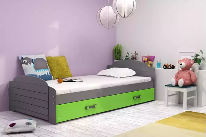 Visualisering av Enkel juniorsäng LILI 90X200 med låda, grafit/grön