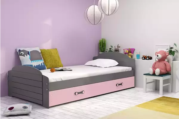 Visualisering av Enkel juniorsäng LILI 90X200 med låda, grafit/rosa