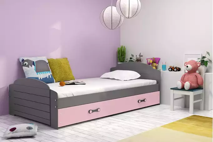 Visualisering av Enkel juniorsäng LILI 90X200 med låda, grafit/rosa