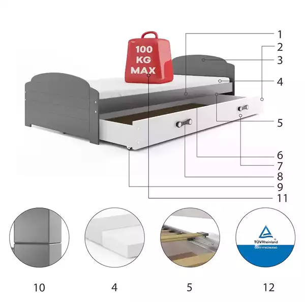 Beståndsdelar för Enkel juniorsäng LILI 90X200 med låda, grafit/vit