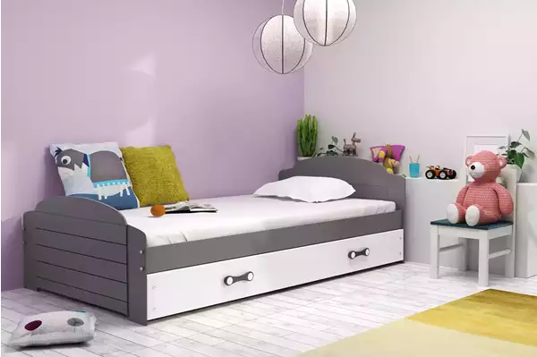 Visualisering av Enkel juniorsäng LILI 90X200 med låda, grafit/vit