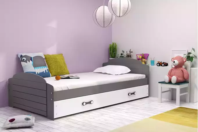 Visualisering av Enkel juniorsäng LILI 90X200 med låda, grafit/vit