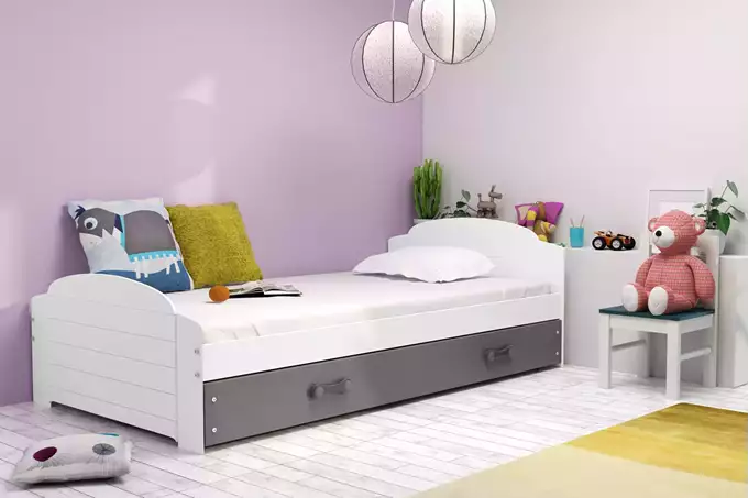 Visualisering av Enkel juniorsäng LILI 90X200 med madrass och låda, vit/grafit