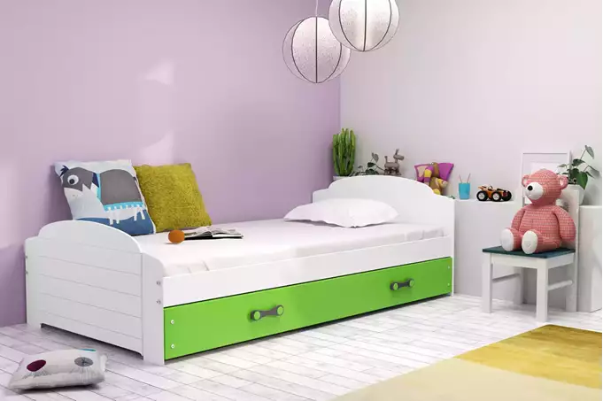 Visualisering av Enkel juniorsäng LILI 90x200 med madrass och låda, vit/grön