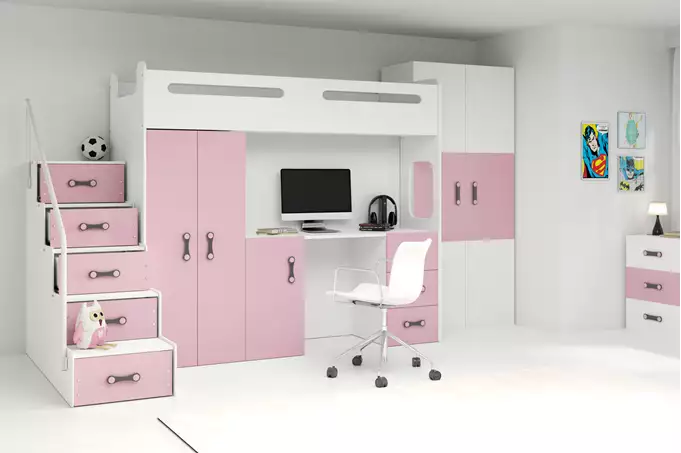 Visualisering av Enkel juniorsäng MAX 4 80X200 med skrivbord, rosa