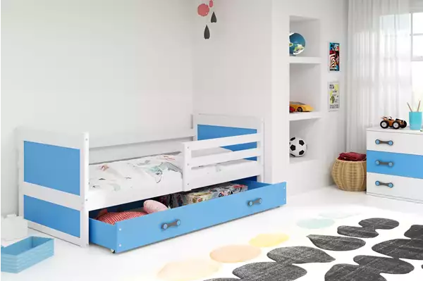 Visualisering av Enkel juniorsäng RICO 80X190 med låda, vit/blå