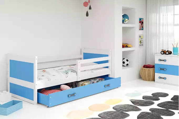 Visualisering av Enkel juniorsäng RICO 80X190 med låda, vit/blå