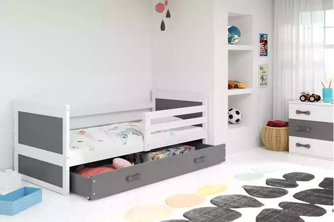 Visualisering av Enkel juniorsäng RICO 80X190 med låda, vit/grafit
