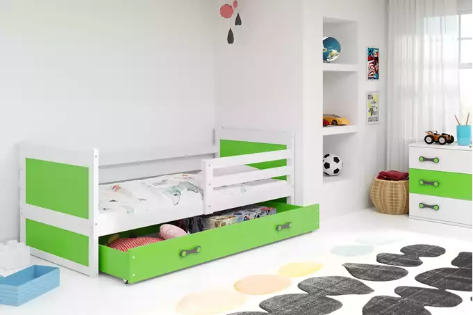 Visualisering av Enkel juniorsäng RICO 80X190 med låda, vit/grön