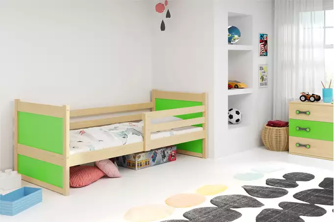 Visualisering av Enkel juniorsäng RICO 80X190 med madrass, furu/grön