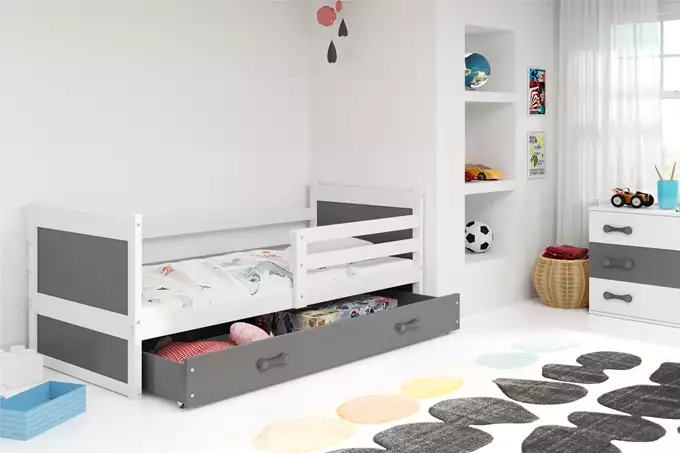 Visualisering av Enkel juniorsäng RICO 80x190 med madrass och låda, vit/grafit