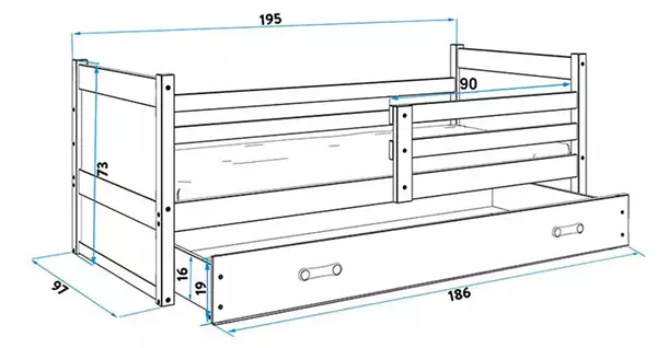 Storlek på Enkel juniorsäng RICO 90X190 med låda, furu/blå