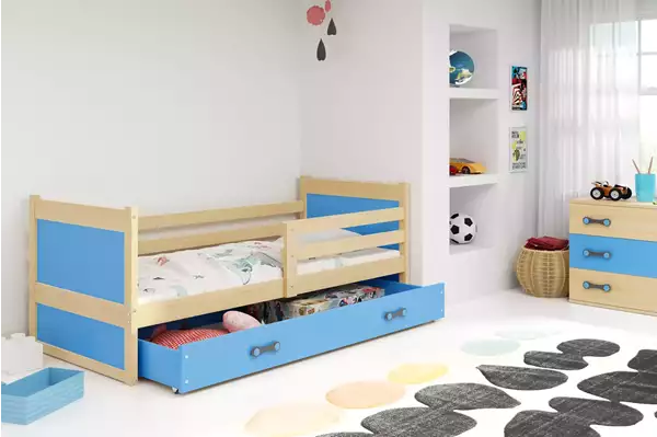 Visualisering av Enkel juniorsäng RICO 90X190 med låda, furu/blå