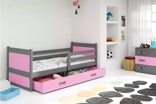 Visualisering av Enkel juniorsäng RICO 90X200 med låda, grafit/rosa