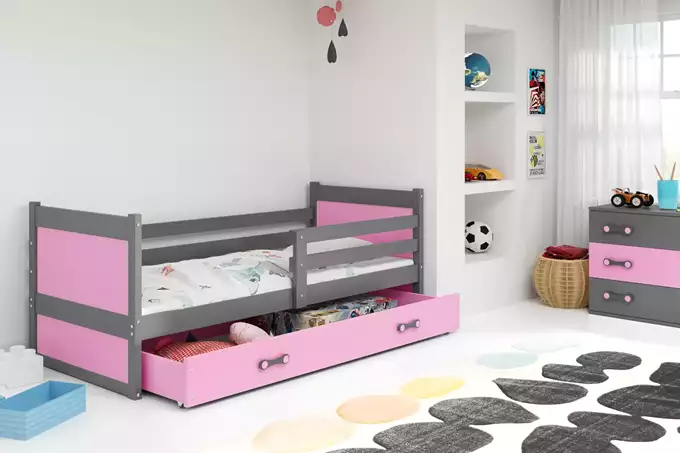 Visualisering av Enkel juniorsäng RICO 90X200 med låda, grafit/rosa