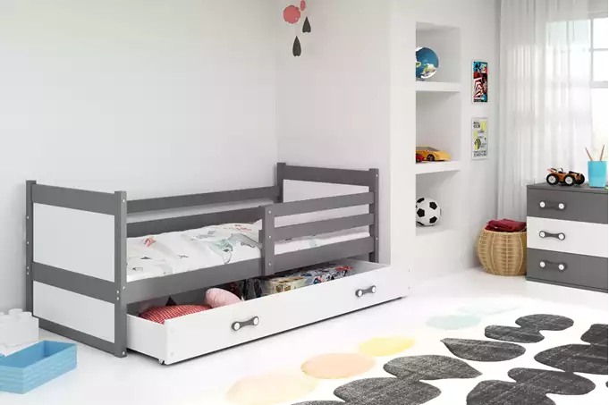Visualisering av Enkel juniorsäng RICO 90X200 med låda, grafit/vit