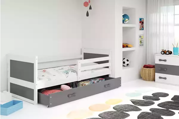 Visualisering av Enkel juniorsäng RICO 90X200 med låda, vit/grafit