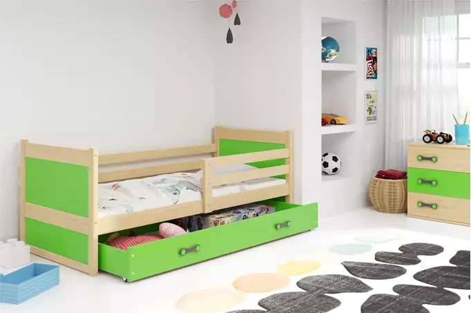 Visualisering av Enkel juniorsäng RICO 90x200 med madrass och låda, furu/grön