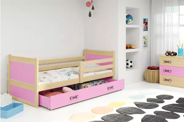 Visualisering av Enkel juniorsäng RICO 90X200 med madrass och låda, furu/rosa Visualisering av Enkel juniorsäng RICO 90X200 med madrass och låda, furu/rosa