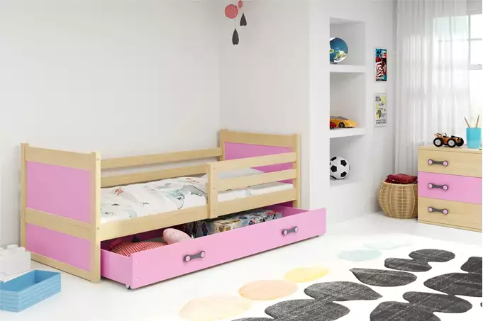 Visualisering av Enkel juniorsäng RICO 90X200 med madrass och låda, furu/rosa