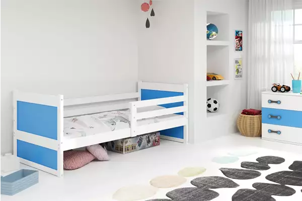Visualisering av Enkel juniorsäng RICO 90X200 med madrass, vit/blå Visualisering av Enkel juniorsäng RICO 90X200 med madrass, vit/blå