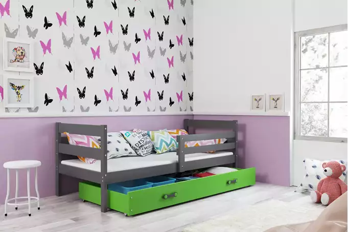 Visualisering av Enkel ungdomsbädd ERYK 90X200 med låda, grafit/grön