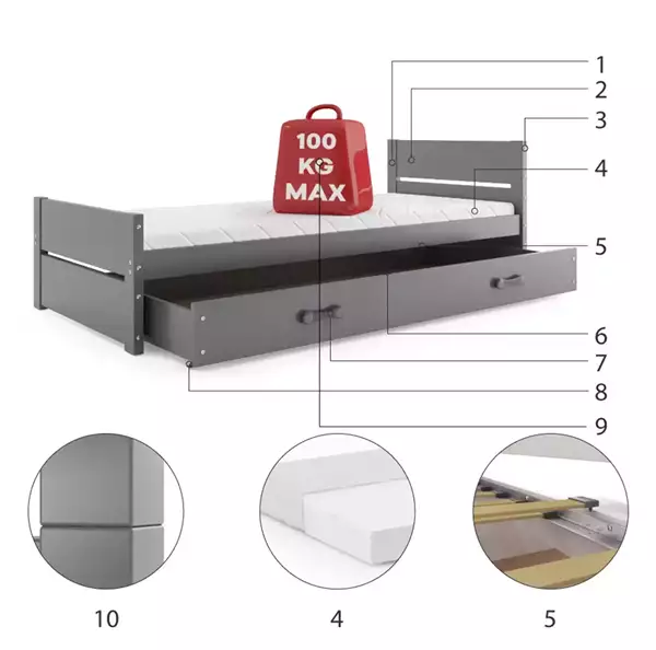 Beståndsdelar för Enkel ungdomssäng BARTEK 90X200 med låda, grafit Beståndsdelar för Enkel ungdomssäng BARTEK 90X200 med låda, grafit