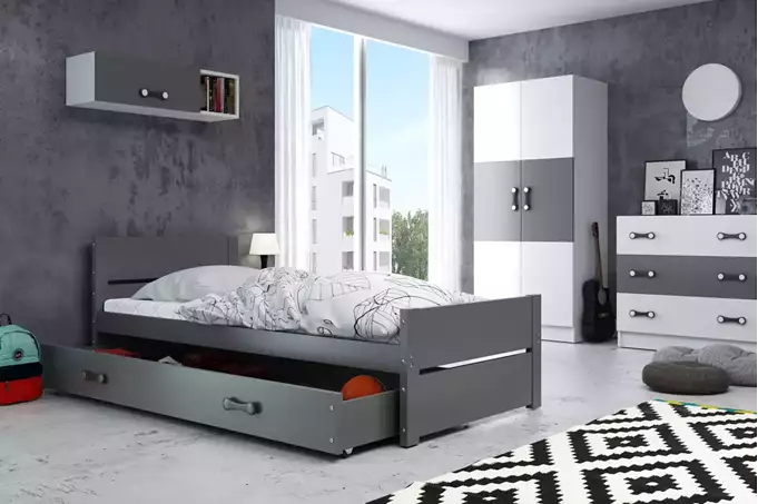 Visualisering av Enkel ungdomssäng BARTEK 90X200 med låda, grafit
