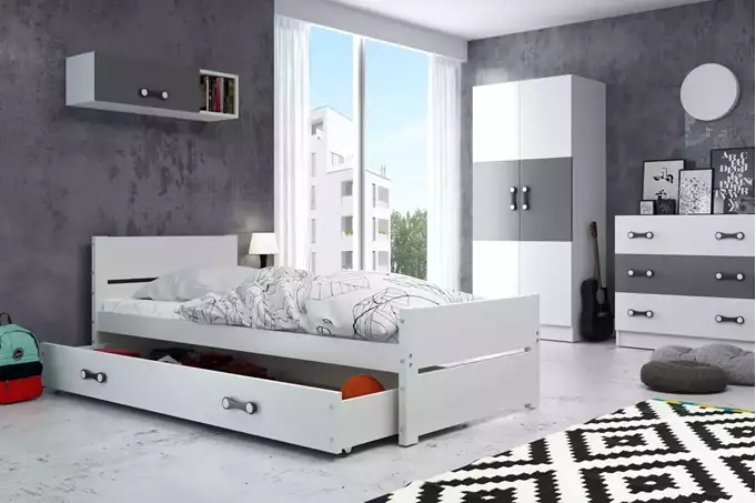 Visualisering av Enkel ungdomssäng BARTEK 90X200 med madrass och låda, vit