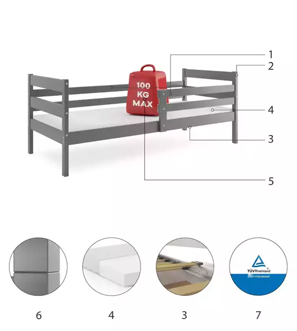 Beståndsdelar för Enkel ungdomssäng ERYK 80X190, grafit Beståndsdelar för Enkel ungdomssäng ERYK 80X190, grafit