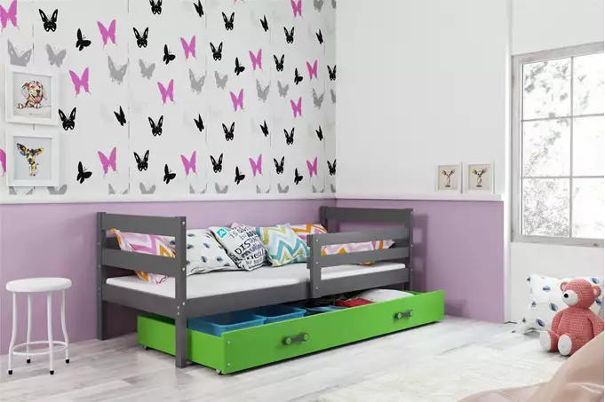 Visualisering av Enkel ungdomssäng ERYK 80X190 med låda, grafit/grön