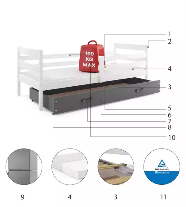 Beståndsdelar för Enkel ungdomssäng ERYK 80X190 med låda, vit/grafit