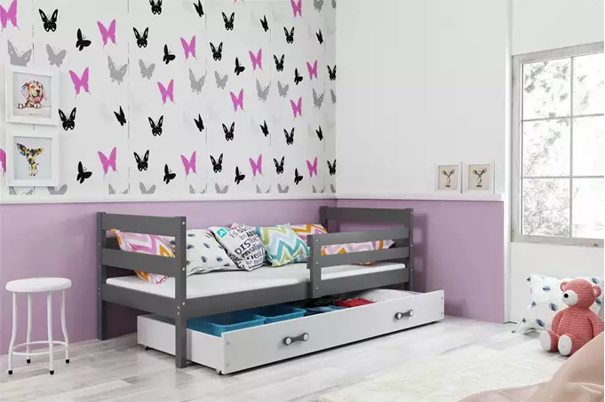 Visualisering av Enkel ungdomssäng ERYK 80X190 med madrass och låda, grafit/vit