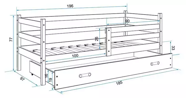 Storlek på Enkel ungdomssäng ERYK 90X190, grafit Storlek på Enkel ungdomssäng ERYK 90X190, grafit